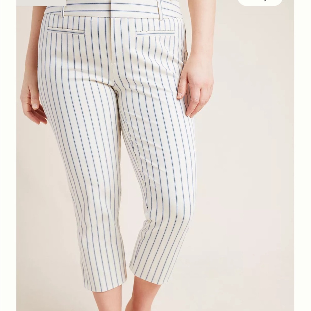 Women’s Anthropologie Cream and Blue Capris with Pinstripe Pattern